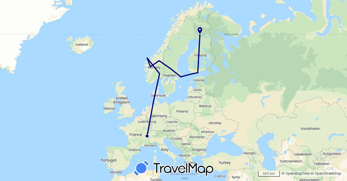 TravelMap itinerary: driving in Switzerland, Finland, Norway, Sweden (Europe)